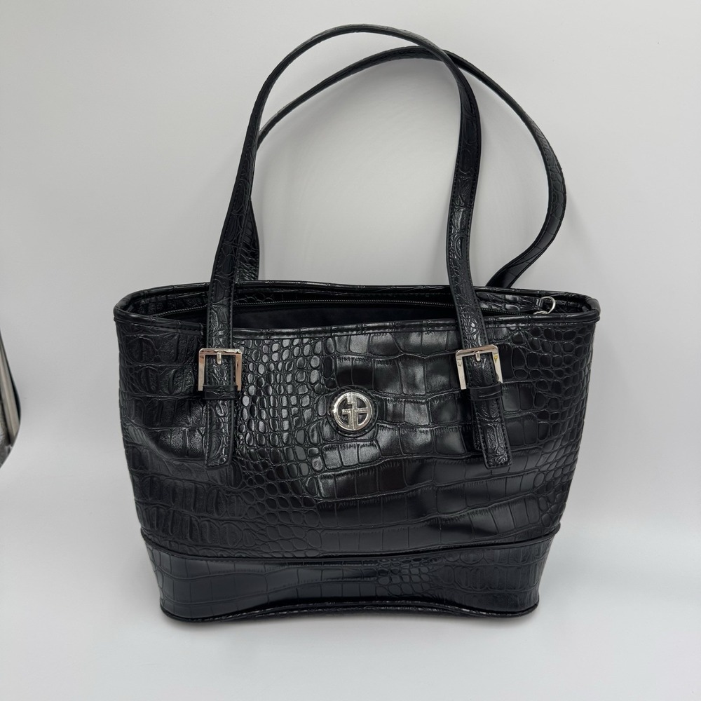 Giani Bernini Black Croc Embossed Tote Shoulder Bag Purse Silver Hardware